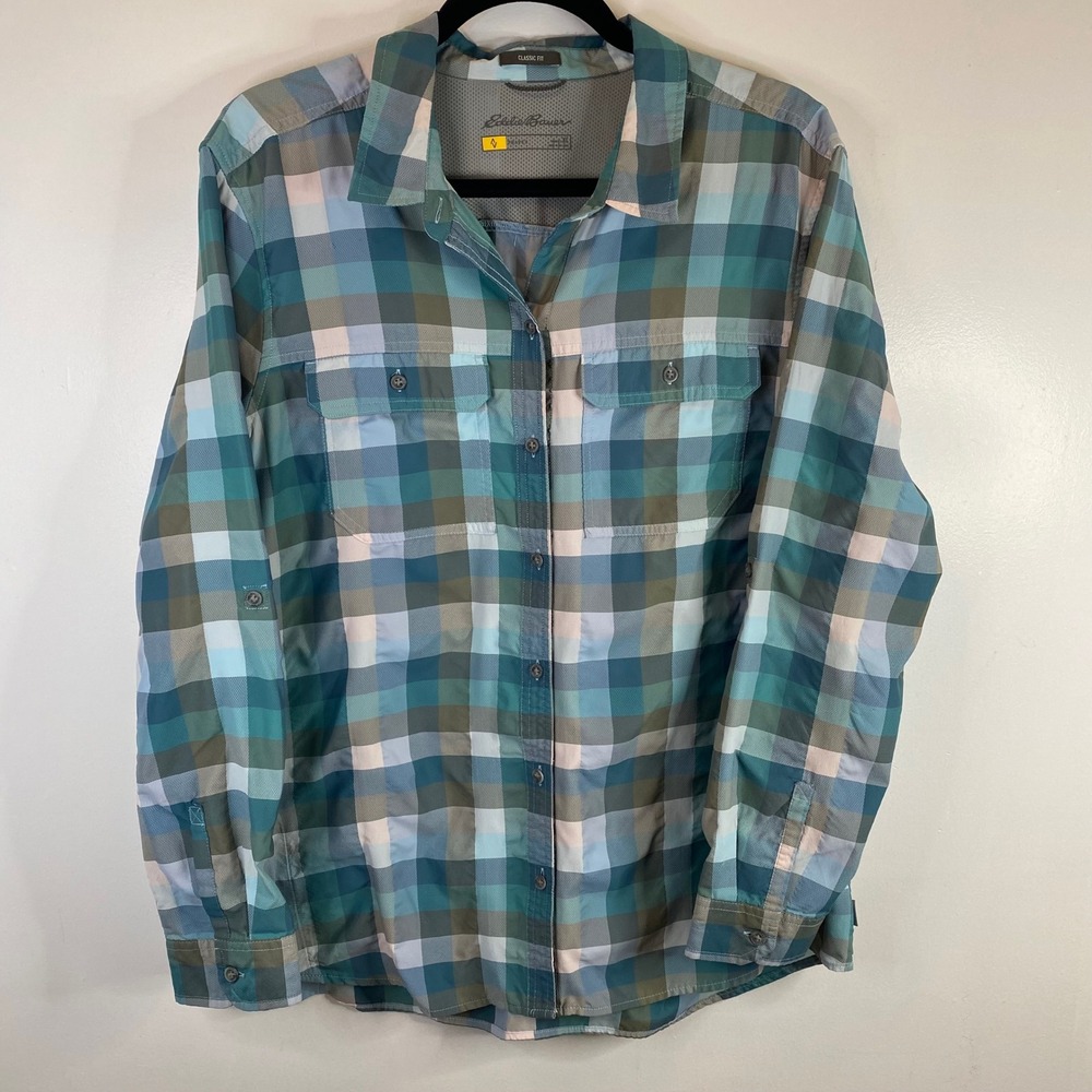 Eddie Bauer Travex Plaid Roll Sleeve Button Up Shirt‎ Womens XL Blue Green